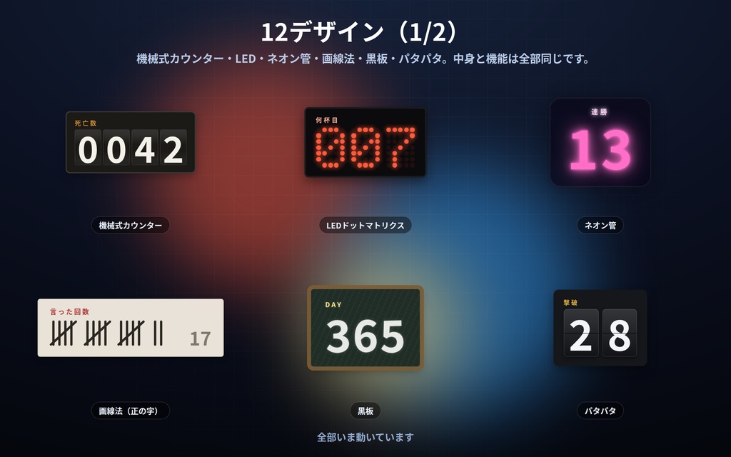 【配信】数えるカウンター 12デザイン|死亡数・何杯目・連続◯日目をクリックで+1|9つまとめて数えられる・数は⚙から打ち直せる・OBS背景透過・設定ボタン(⚙)つき・登録不要