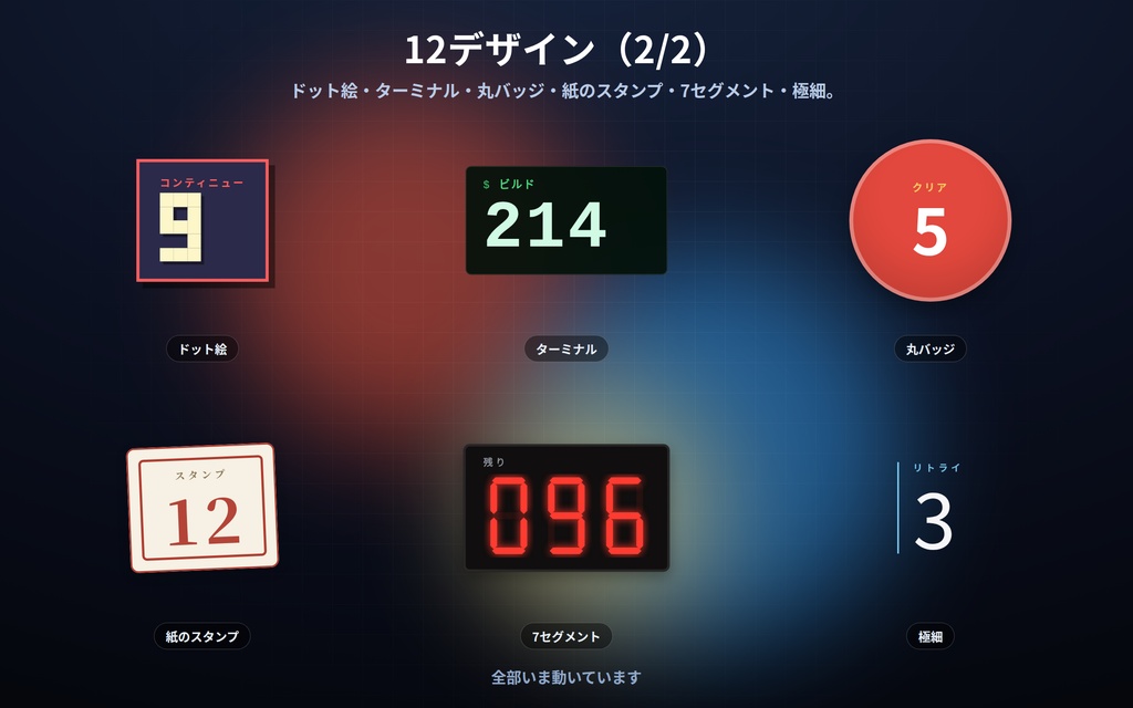 【配信】数えるカウンター 12デザイン|死亡数・何杯目・連続◯日目をクリックで+1|9つまとめて数えられる・数は⚙から打ち直せる・OBS背景透過・設定ボタン(⚙)つき・登録不要