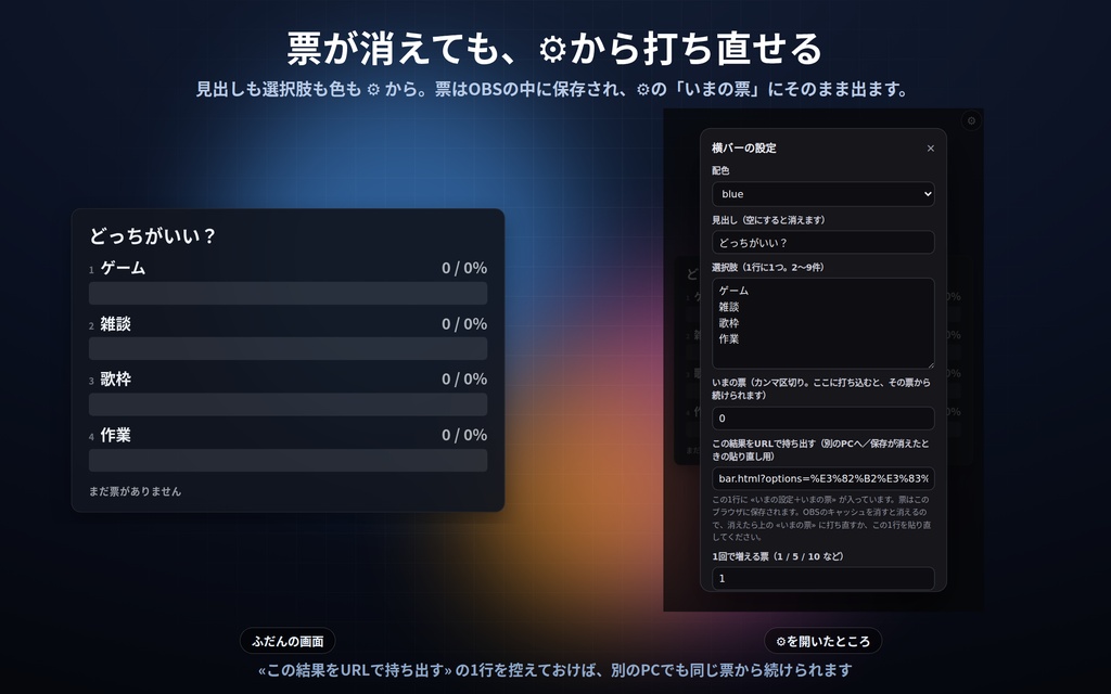 【配信】投票の板 12デザイン|アンケート結果をOBSに出す|票はクリックか1〜9キーで手入力(コメント自動集計なし)|票数と%・1位が光る・締め切りで結果表示・背景透過・設定ボタン(⚙)つき