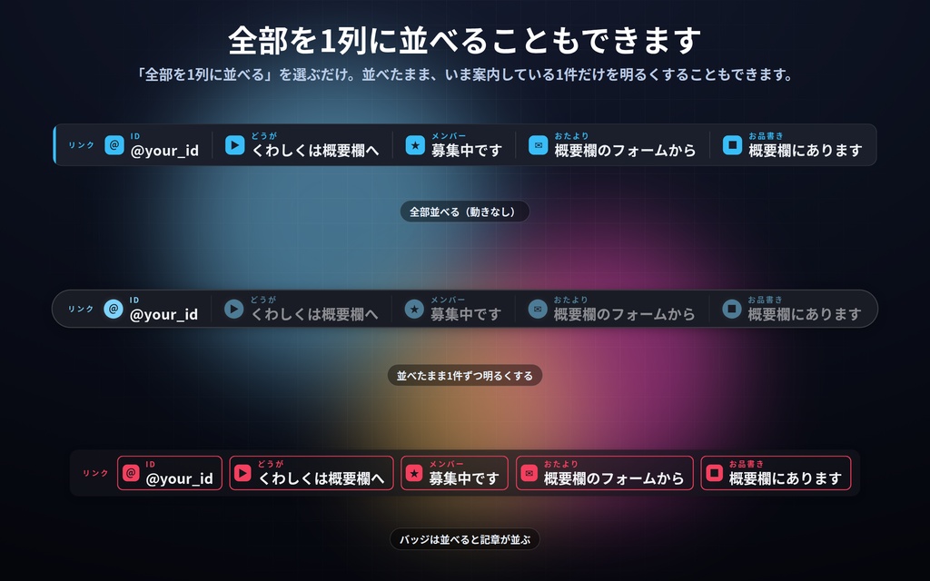 【配信】リンク案内の帯 12デザイン|自分のIDやお知らせを数秒ごとに1件ずつ|全部並べる形も選べる・背景透過・OBS用・設定ボタン(⚙)つき・ロゴ非同梱