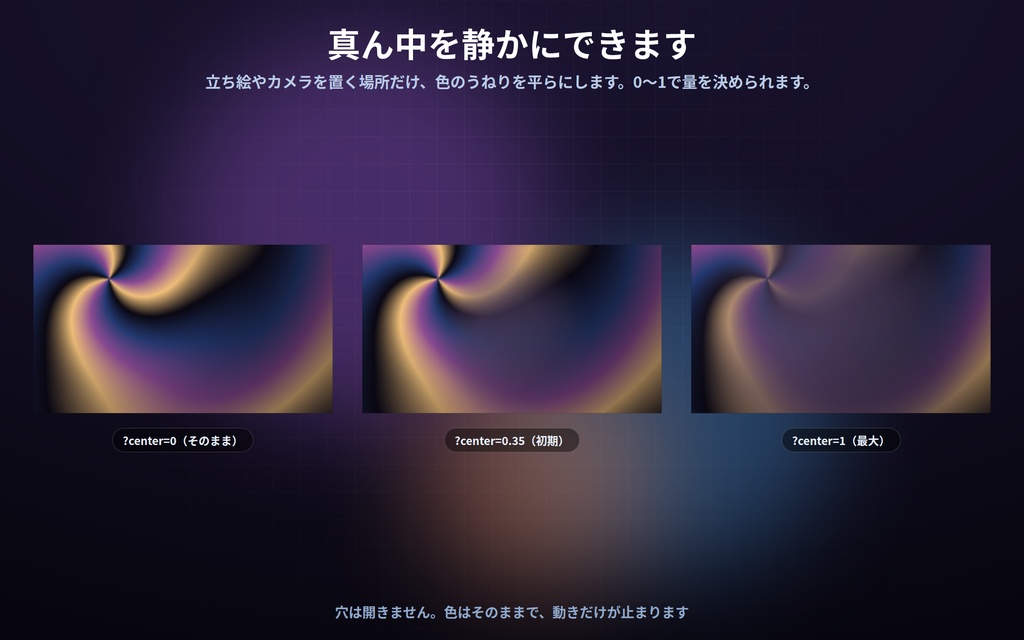 【配信】光と色の背景 12デザイン|オーロラ・プラズマ・水面の光・夕暮れの空色・回るグラデーション|真ん中を静かにできるので立ち絵と重ねられる|動画ではないので継ぎ目なし・軽い・設定ボタン(⚙)つき・登録不要