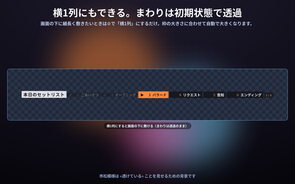 【配信】歌枠のセットリスト板 12デザイン|いま何曲目かが光る|クリック/キーで送る|済んだ曲は薄く・横1列にもできる|OBS用・設定ボタン(⚙)つき・登録不要