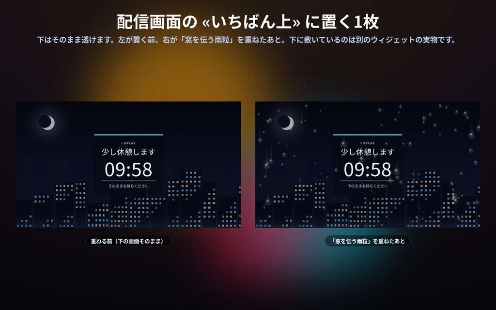 【配信】画面に重ねる質感 12種|フィルムの粒子・走査線・光漏れ・雨粒|下がそのまま透ける・濃さ0で完全に透明・OBS用・設定ボタン(⚙)つき・登録不要