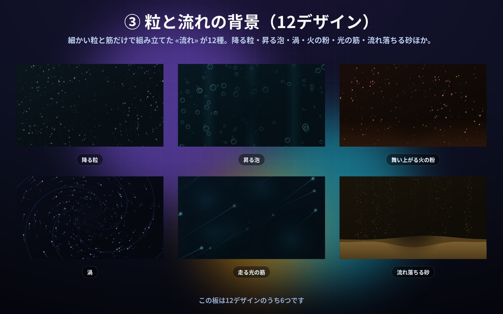 【配信】動く背景まとめ4点セット|バラで¥2,000→¥900|模様・線と立体・粒と流れ・光と色 46デザイン|OBS用・設定ボタン(⚙)つき・登録不要