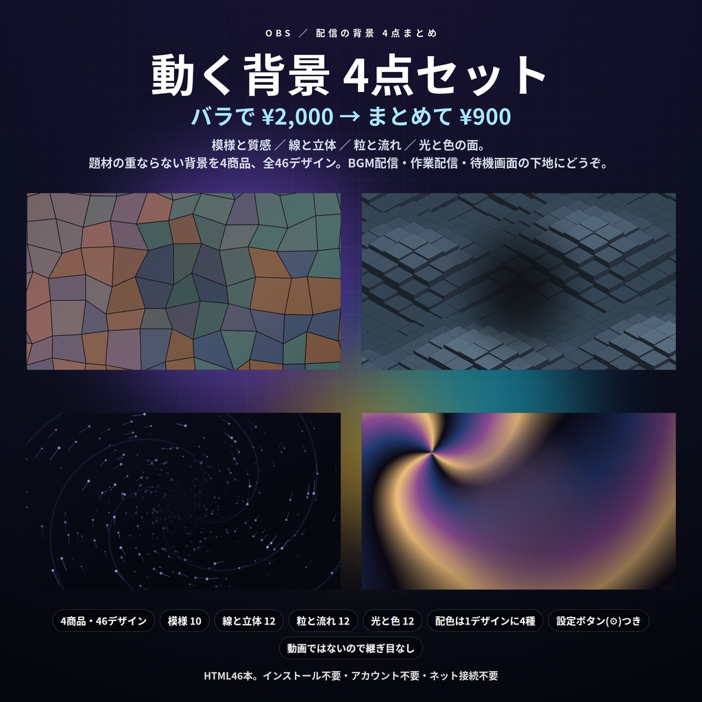 【配信】動く背景まとめ4点セット｜バラで¥2,000→¥900｜模様・線と立体・粒と流れ・光と色 46デザイン｜OBS用・設定ボタン(⚙)つき・登録不要