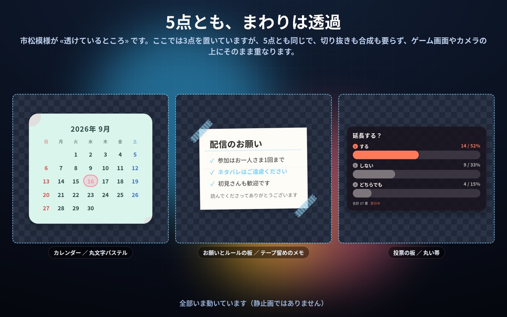 【配信】板もの5点セット|バラで¥2,500→¥1,000|カレンダー・お願いとルールの板・数えるカウンター・投票の板・対戦とスコアの板 60デザイン|背景透過・OBS用・設定ボタン(⚙)つき・登録不要