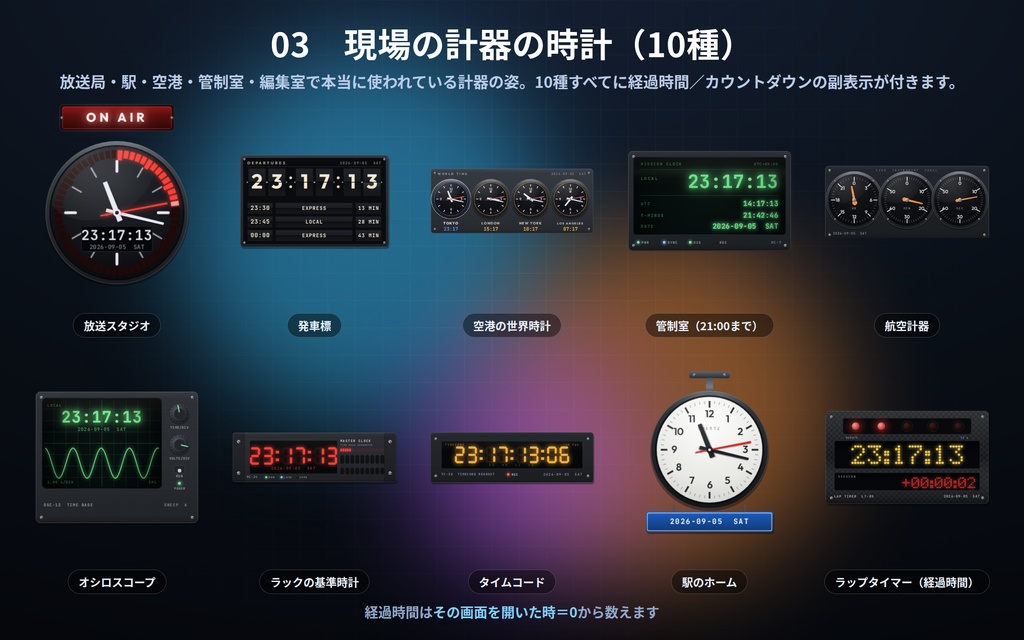 【配信】時計まとめ 4点セット 50デザイン|バラで¥1,600→¥700|定番の時計・デザイン時計・現場の計器の時計・動く情景の中の時計|OBS用・背景透過・設定ボタン(⚙)つき・登録不要