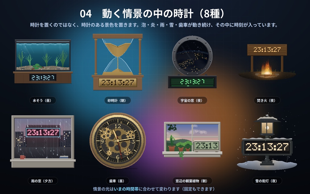 【配信】時計まとめ 4点セット 50デザイン|バラで¥1,600→¥700|定番の時計・デザイン時計・現場の計器の時計・動く情景の中の時計|OBS用・背景透過・設定ボタン(⚙)つき・登録不要