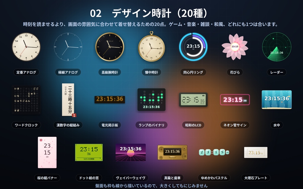 【配信】時計まとめ 4点セット 50デザイン|バラで¥1,600→¥700|定番の時計・デザイン時計・現場の計器の時計・動く情景の中の時計|OBS用・背景透過・設定ボタン(⚙)つき・登録不要