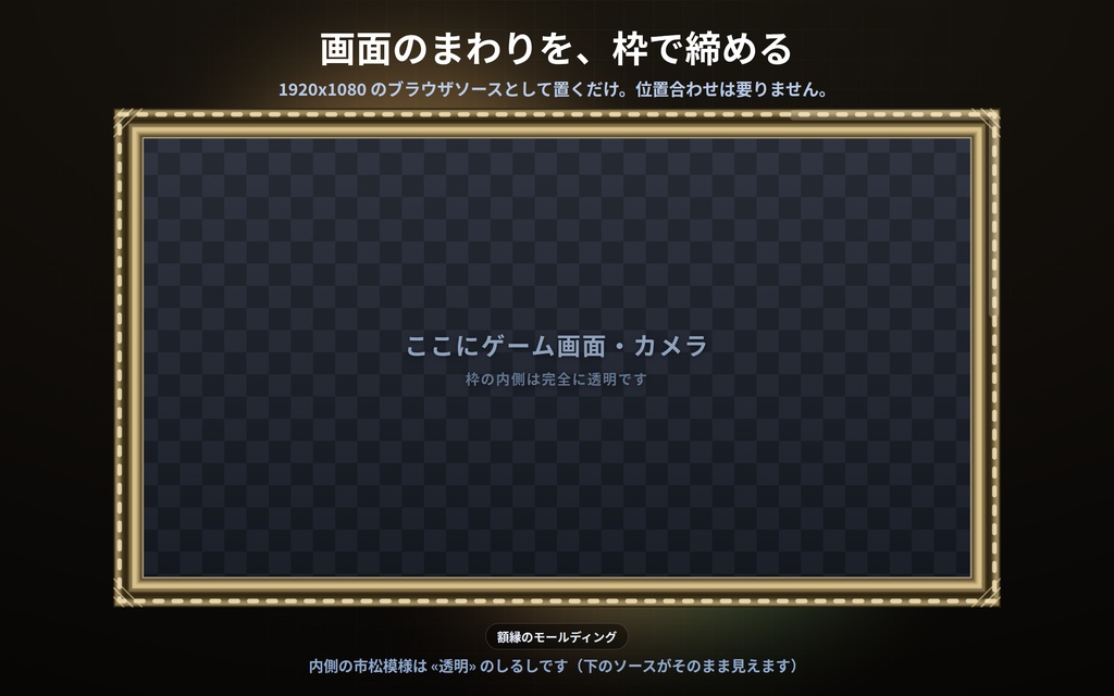 【配信】画面フレーム 第2弾 12デザイン|真ん中は透明・ゲーム画面やカメラに重ねるだけ|縄/組子/額縁/竹/ステンドグラス/電球のマーキー|静かに動く枠・太さ/角丸/色を変更可・OBS用・設定ボタン(⚙)つき