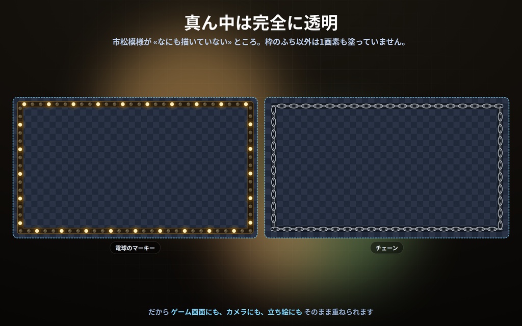 【配信】画面フレーム 第2弾 12デザイン|真ん中は透明・ゲーム画面やカメラに重ねるだけ|縄/組子/額縁/竹/ステンドグラス/電球のマーキー|静かに動く枠・太さ/角丸/色を変更可・OBS用・設定ボタン(⚙)つき
