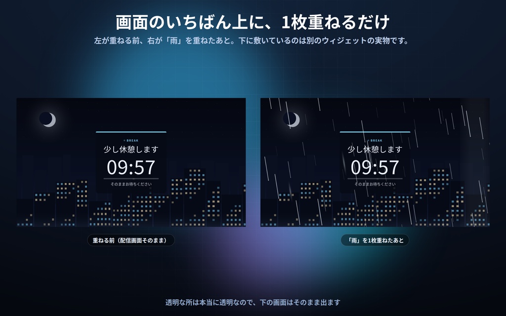 【配信・動画】継ぎ目のない透過ループ素材 12種|雨・雪・吹雪・霧・火の粉・煙・泡・水面の光・木漏れ日・花びら・紙吹雪・砂ぼこり|APNG/WebP/連番PNG の3形式・1280x720・背景は完全に透明