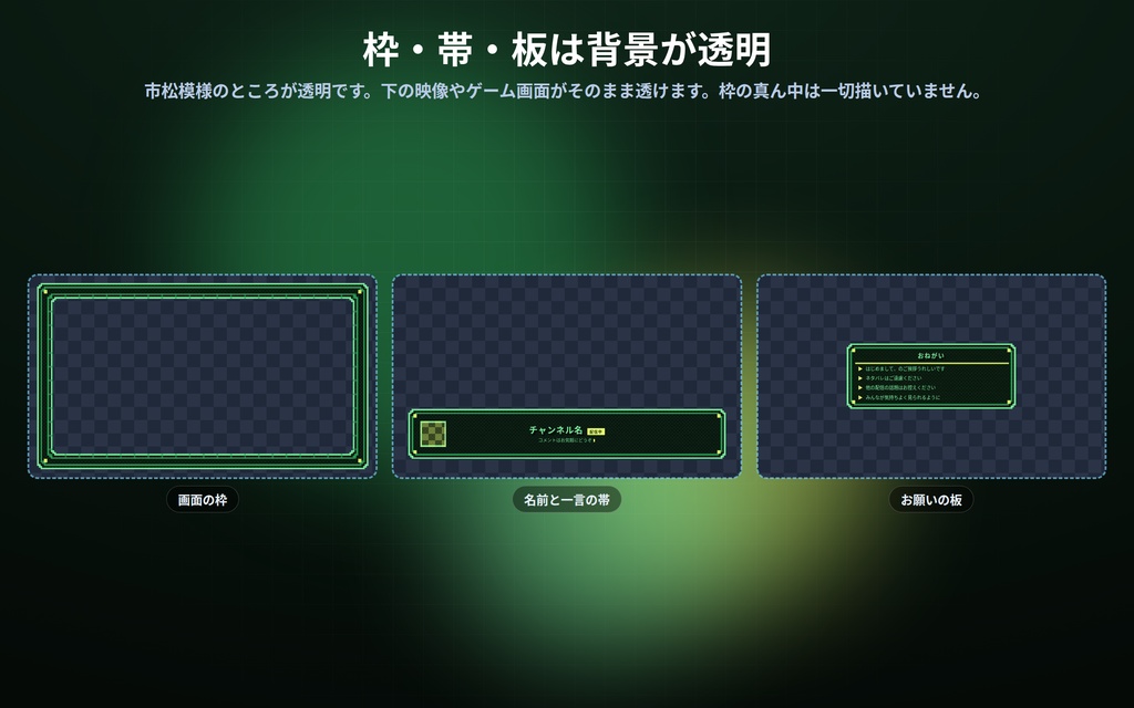 【配信】レトロゲーム風の配信画面セット 6点|待機・休憩・枠・帯・板・背景を同じ意匠で|⚙で6点そろって配色もドットも変わる|配色5種×模様6種・OBS用・登録不要