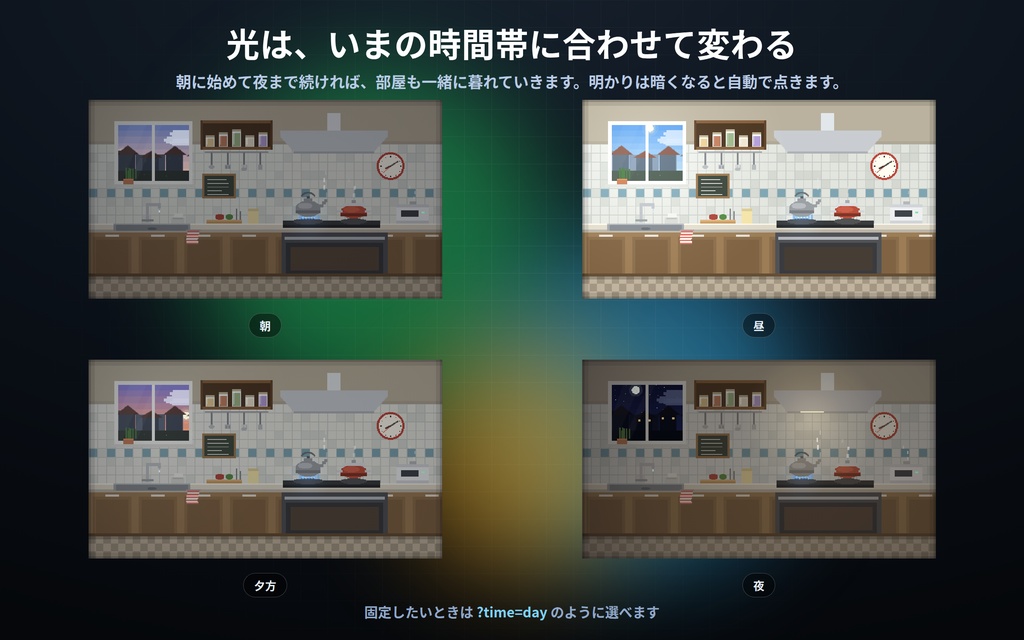 【配信】動くお部屋 12室|ドット絵のライブ背景 第2弾|和室・台所・温室・レコード屋・コインランドリー・屋上ほか|部屋の時計は実時刻・昼夜が実時間で変わる・動画ではないので軽い・登録不要