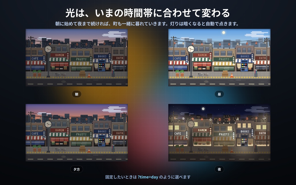 【配信】ドット絵の動く町 12景|ドット絵のライブ背景(外の景色)|商店街・駅のホーム・港と灯台・屋台・高架下・団地ほか|町の時計は実時刻・昼夜が実時間で変わる・動画ではないので軽い・登録不要
