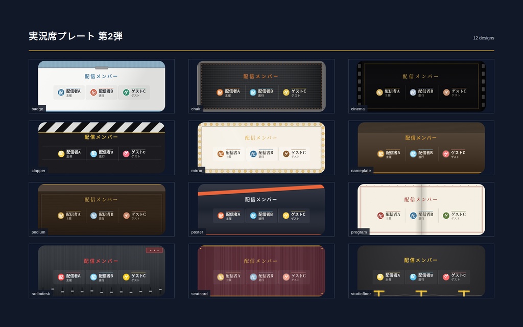 【配信】実況席プレート 第2弾 12デザイン|出演者2〜6人の名前と役割を一枚に|名前は手入力・並び順と段数を選べる・背景透過・OBS用・設定ボタン(⚙)つき