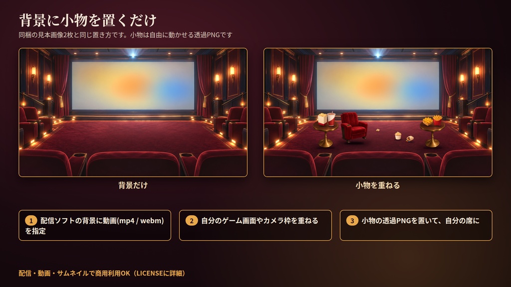 映画館の同時視聴席|動く背景&アイテム素材セット|同時視聴・配信用|ポップコーン・ドリンク・座席の透過PNG16点