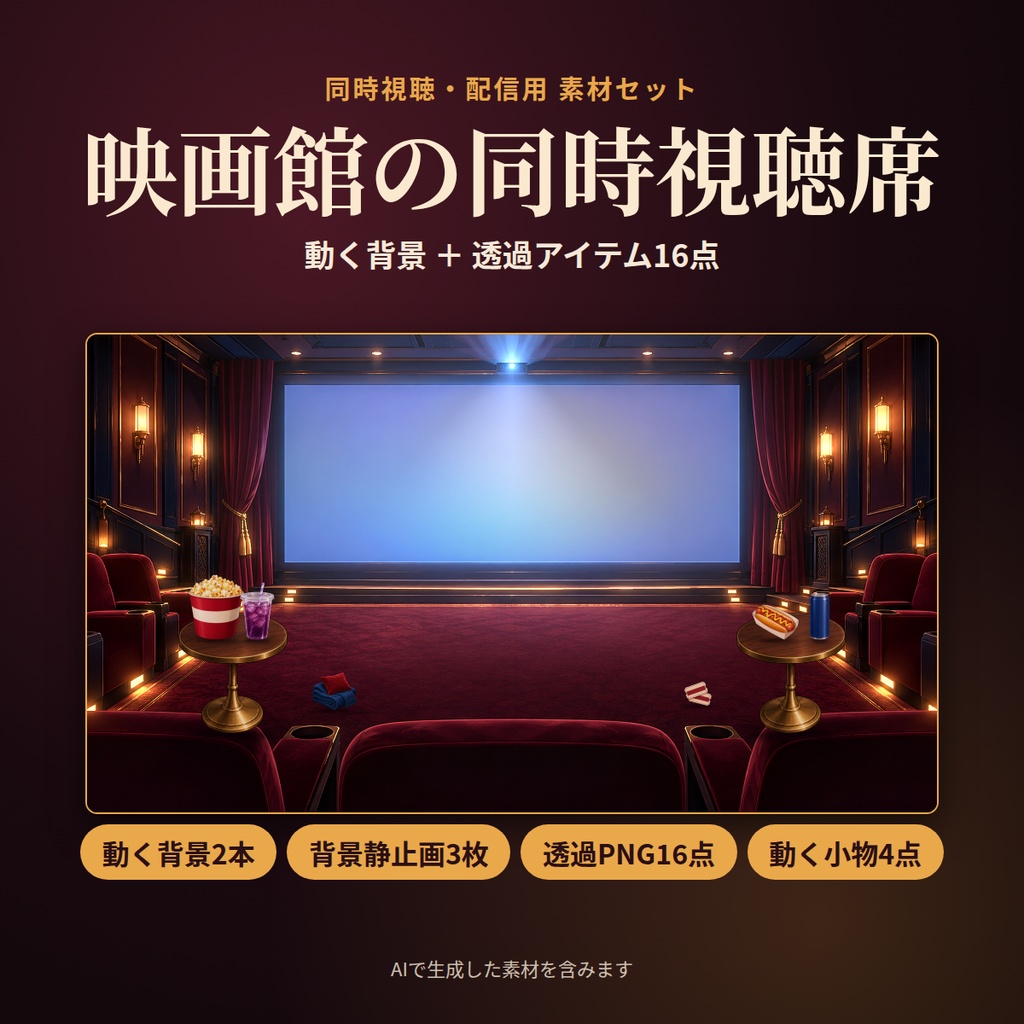 映画館の同時視聴席|動く背景&アイテム素材セット|同時視聴・配信用|ポップコーン・ドリンク・座席の透過PNG16点