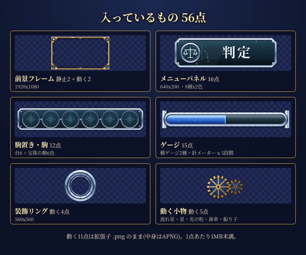 星見の観測室 素材集|ココフォリア向け 透過PNG・APNG 56点|フレーム・パネル・ゲージ・駒・リング