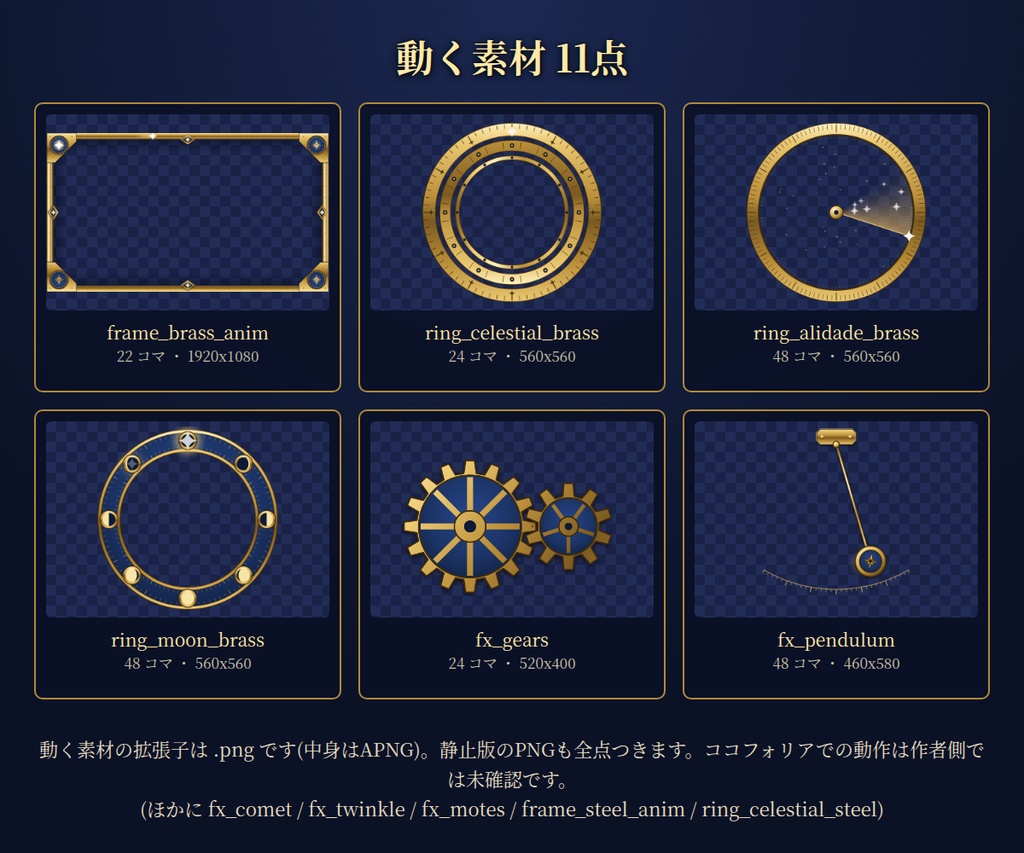 星見の観測室 素材集|ココフォリア向け 透過PNG・APNG 56点|フレーム・パネル・ゲージ・駒・リング