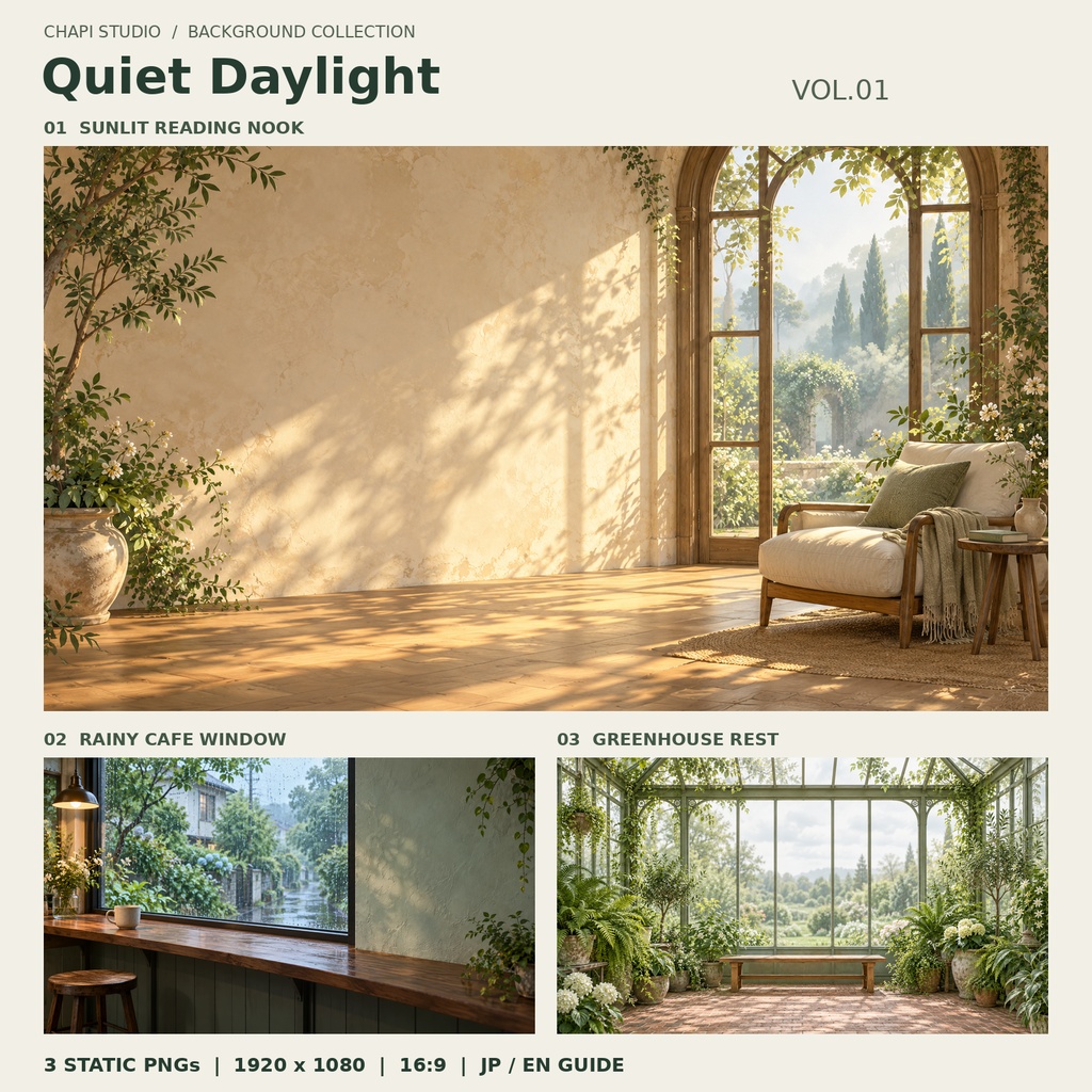 Quiet Daylight Vol.01｜昼の窓辺・配信用背景3枚｜1920×1080 PNG【商用利用可】