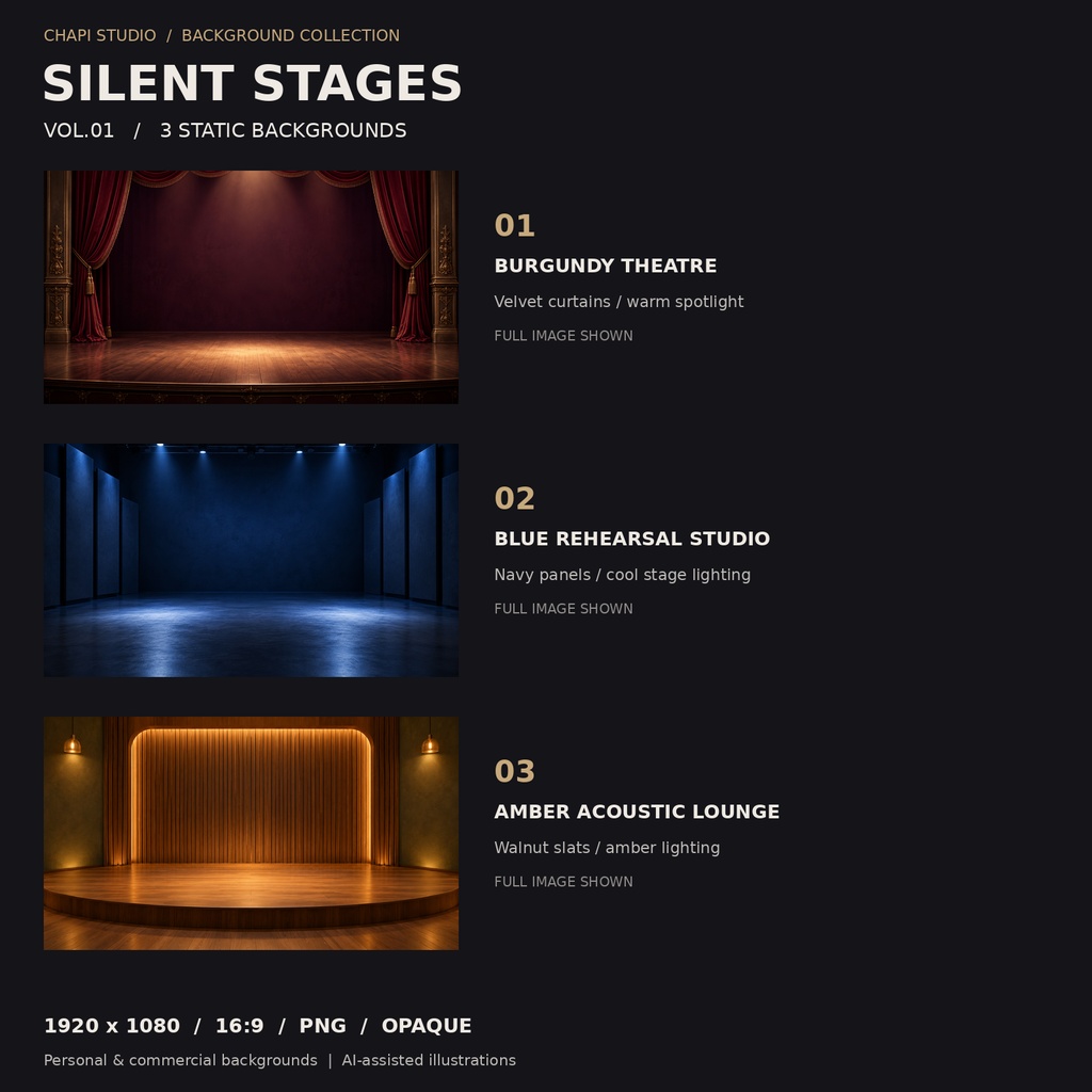 Silent Stages Vol.01|歌枠・朗読用ステージ背景3枚|1920×1080 PNG【商用利用可】