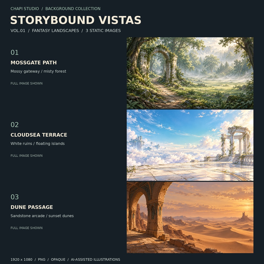 Storybound Vistas Vol.01｜朗読・TRPG配信用ファンタジー背景3枚｜1920×1080 PNG【商用利用可】