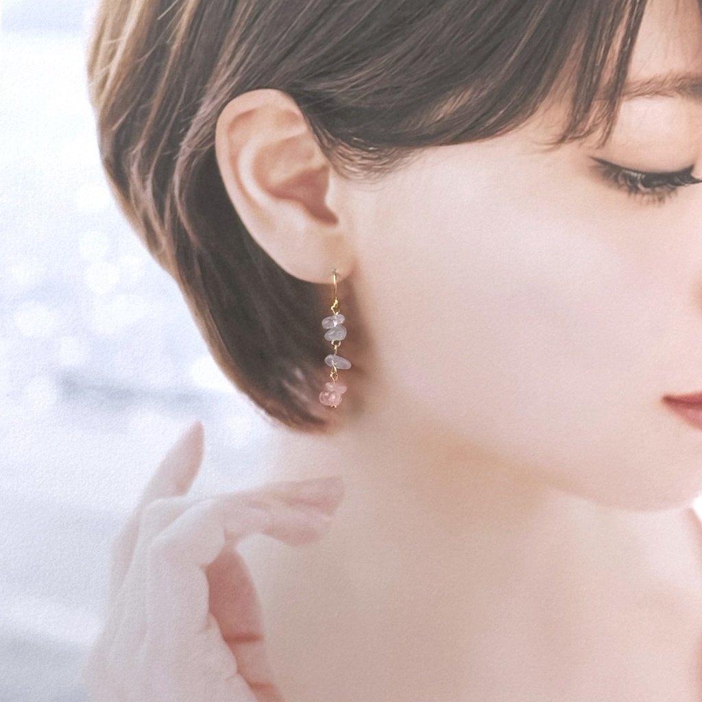 No.111 天然石 さざれ小粒 ロングピアス ローズクオーツ アメトリン