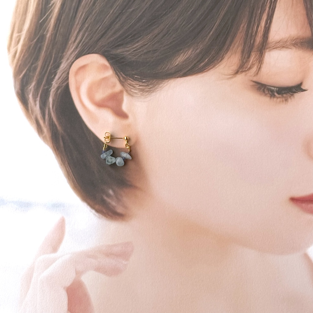 No.088 アクアマリン アベンチュリン さざれ石のフープピアス