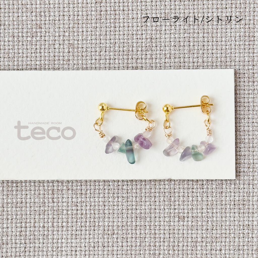No.223 さざれ石のフープピアス　フローライト　シトリン