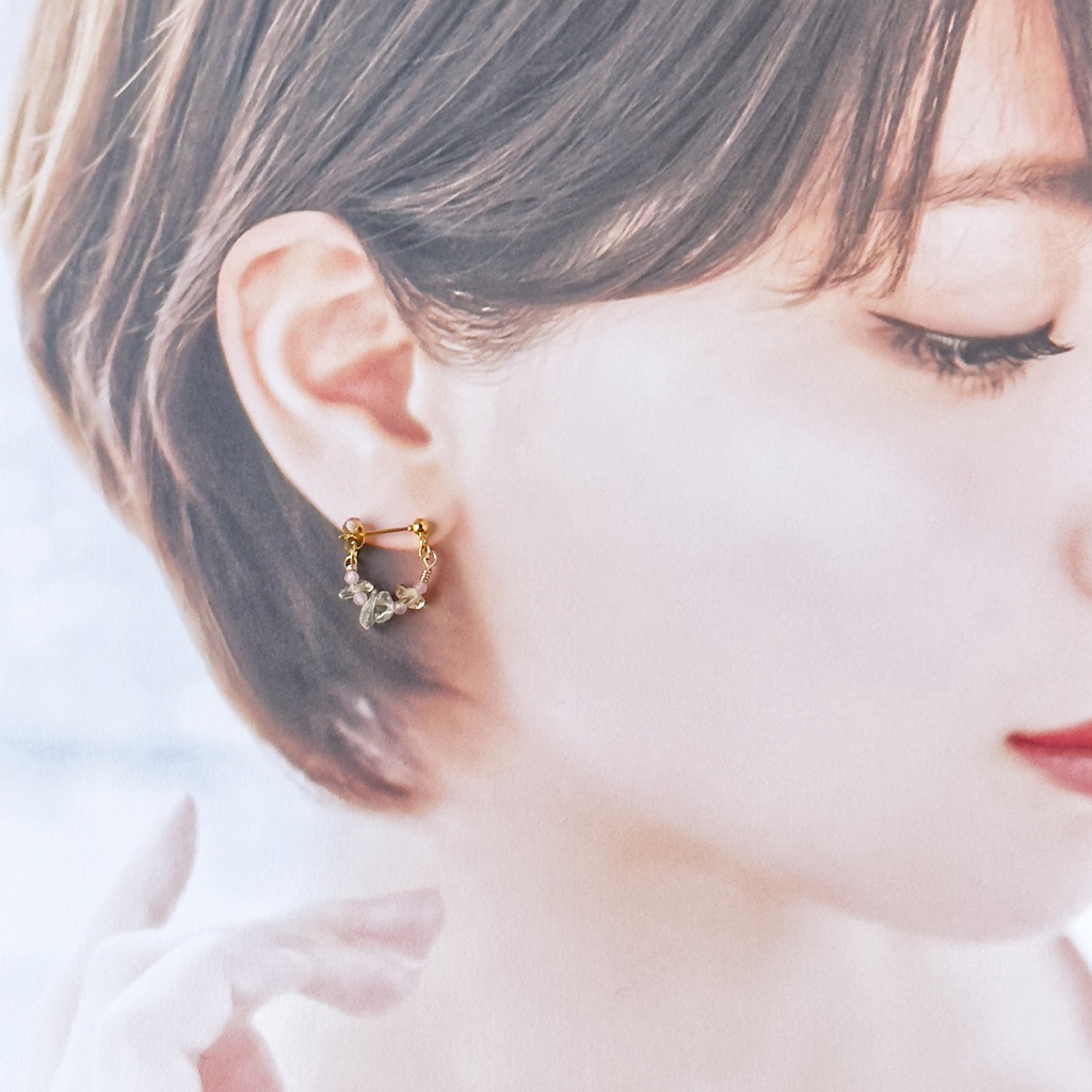 No.217 さざれ石のフープピアス シトリン ローズクオーツ