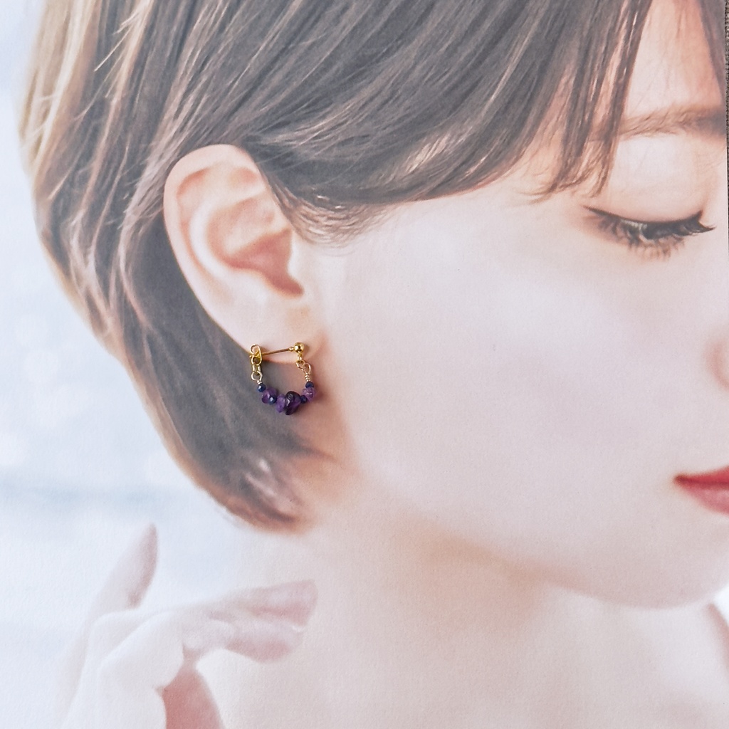 No.216 さざれ石のフープピアス アメジスト ラピスラズリ