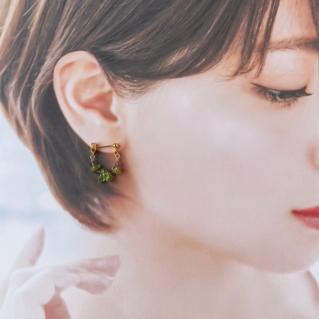 No.209 さざれ石の小粒なフープピアス ペリドット アメジストB