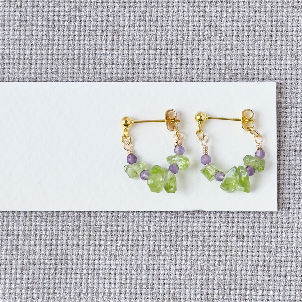 No.209 さざれ石の小粒なフープピアス ペリドット アメジストB