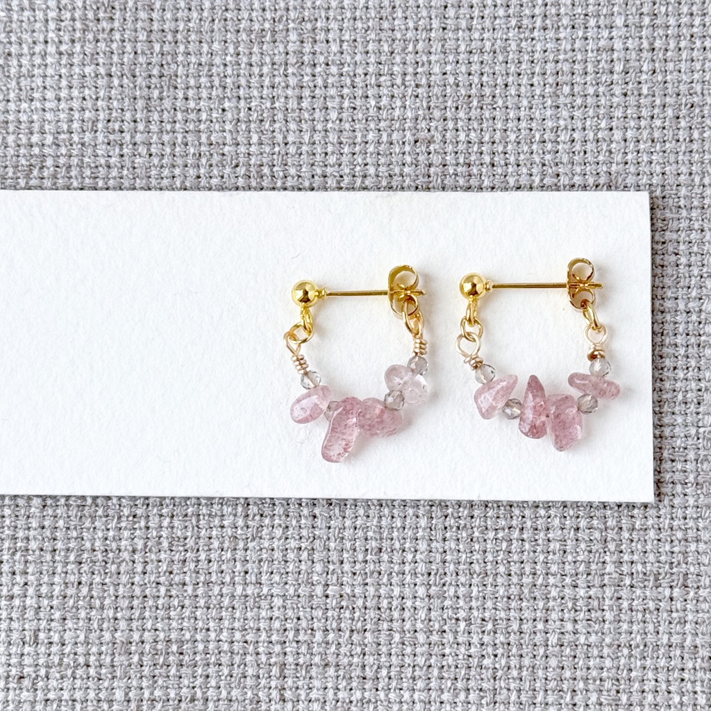 No.208 ストロベリークオーツ スモーキークオーツ さざれ石のフープピアス