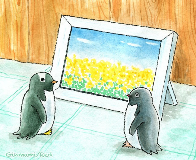 ペンギンイラスト原画 春の写真 ぎんまに Booth
