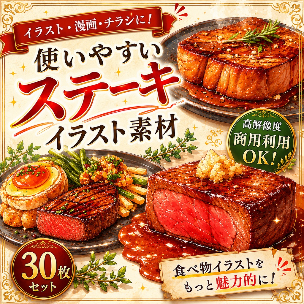 【著作権フリー素材】ステーキ 素材　30枚セット