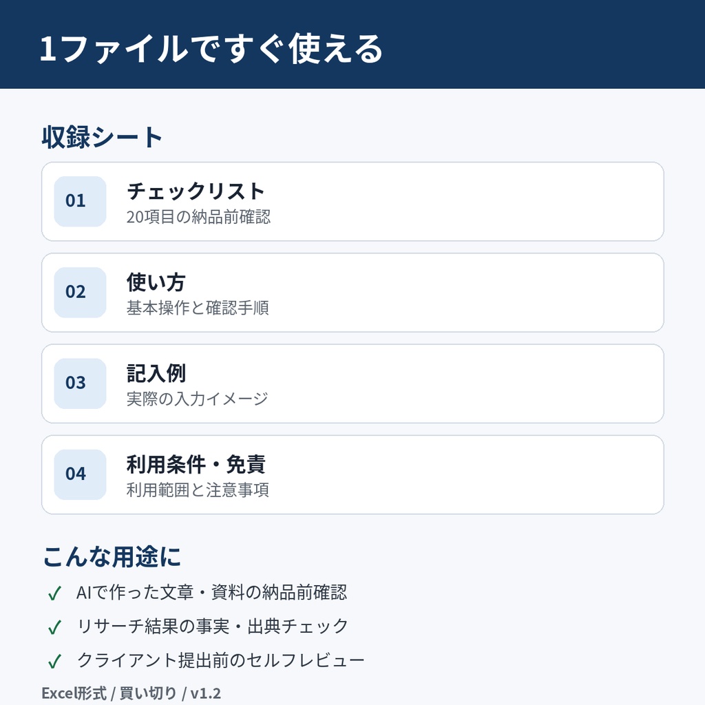 AI納品前QAチェックリスト v1.2|生成したまま納品しない20項目【Excel】