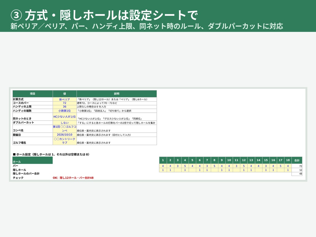 ゴルフコンペ幹事おまかせセット|新ペリア自動集計・順位表・組み合わせ表・進行表・賞品リスト・案内文(Excel)