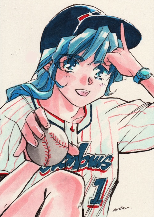葉書イラスト直筆BaseBall額装付き