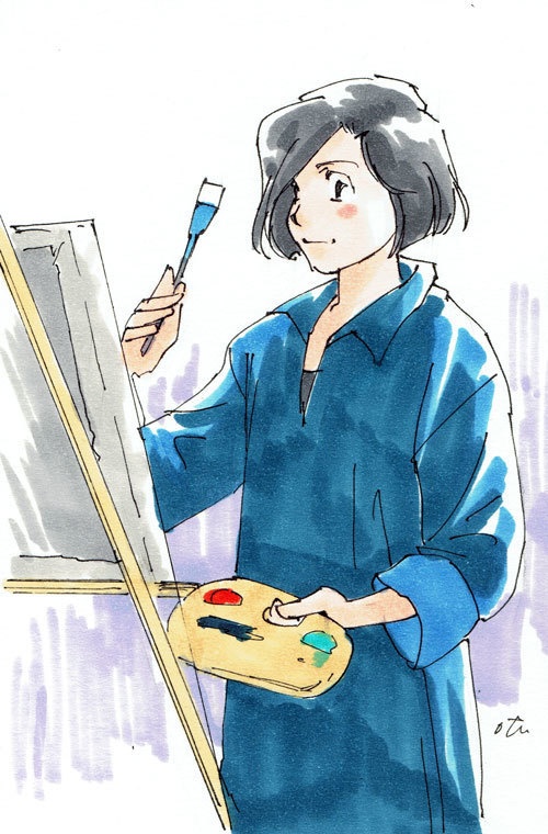 イーゼルと女子はがき絵額装付き