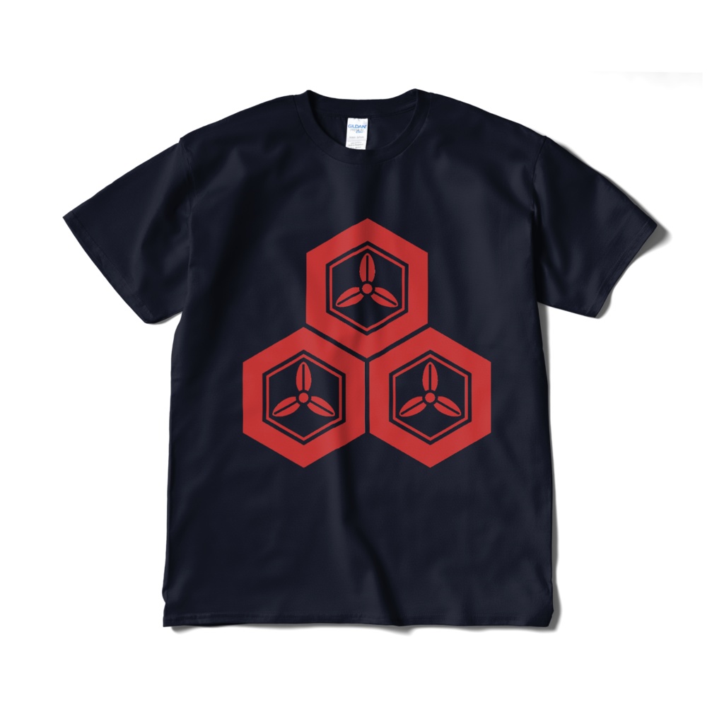 戦国武将 直江兼続 三つ盛亀甲に三つ葉 紺赤Tシャツ