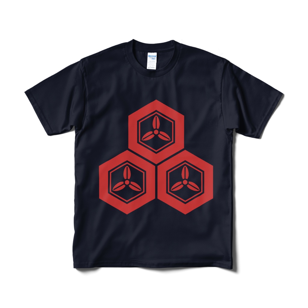 戦国武将 直江兼続 三つ盛亀甲に三つ葉 紺赤Tシャツ