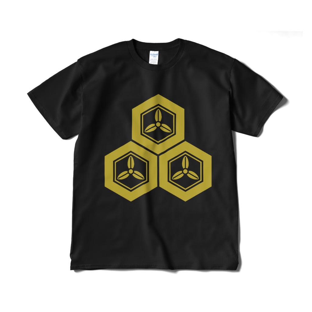 戦国武将 直江兼続 三つ盛亀甲に三つ葉 黒金Tシャツ