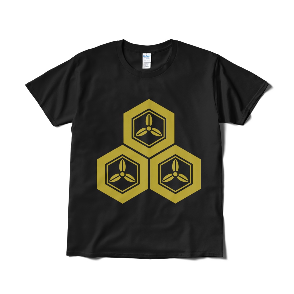 戦国武将 直江兼続 三つ盛亀甲に三つ葉 黒金Tシャツ