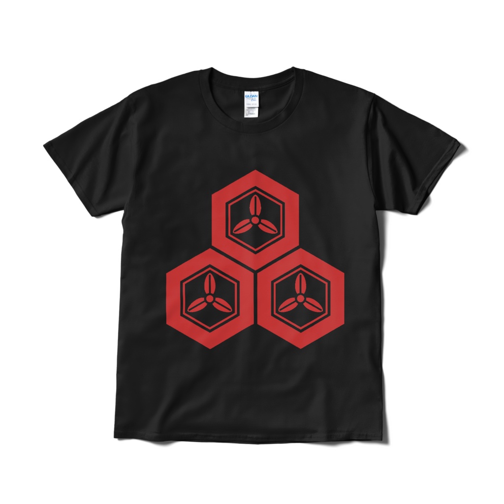 戦国武将 直江兼続 三つ盛亀甲に三つ葉 黒赤Tシャツ