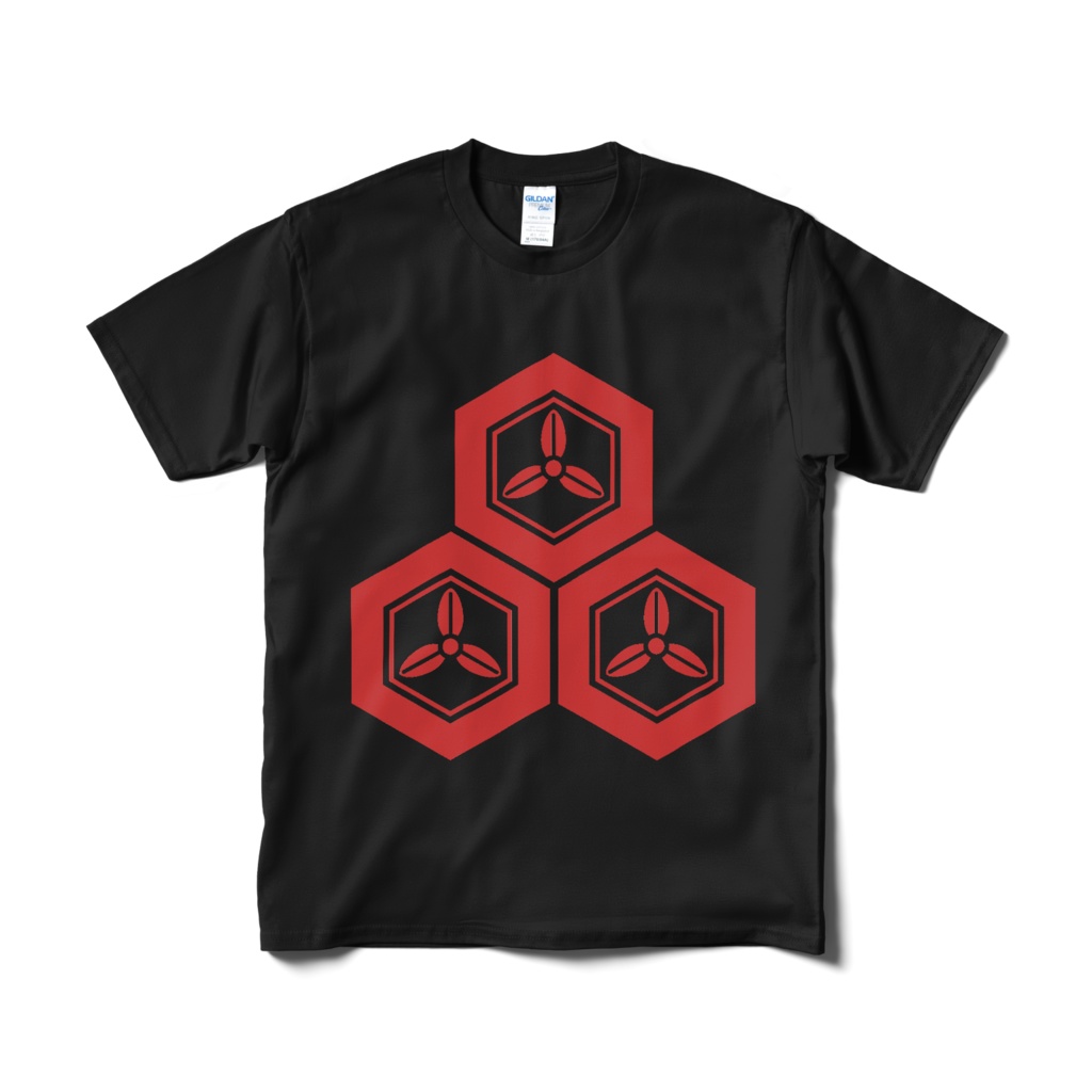 戦国武将 直江兼続 三つ盛亀甲に三つ葉 黒赤Tシャツ