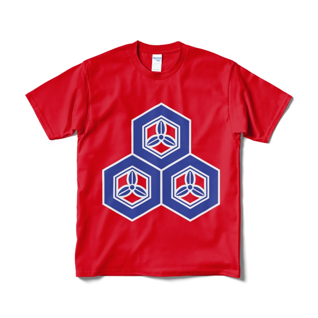 戦国武将 直江兼続 三盛亀甲に三つ葉 赤青Tシャツ