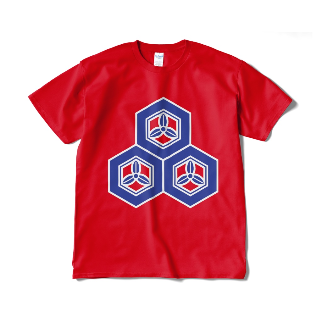 戦国武将 直江兼続 三盛亀甲に三つ葉 赤青Tシャツ