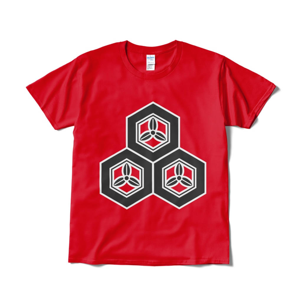 戦国武将 直江兼続 三つ盛亀甲に三つ葉 赤黒Tシャツ